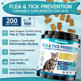 Woyamay Flea and Tick Support for Cats Chewables, 200 Treats Natural Cat Flea Chews, Daily Cat Flea Care, Flea Support Chewable Supplement for Cats Kittens for All Breeds, Chicken Flavor