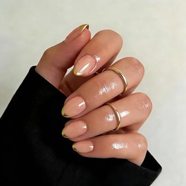 Uñas postizas cortas con punta francesa ovalada y pegamento, color nude natural, 12 tamaños, kit de 24 uñas postizas de gel suave para mujer, ajuste p
