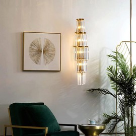 DUNFIZZ Modern Wall Sconce Contemporary Crystal Wall Sconce 29.5 inch 5-Light Gold Bathroom Light Fixtures for Bedroom Living Room