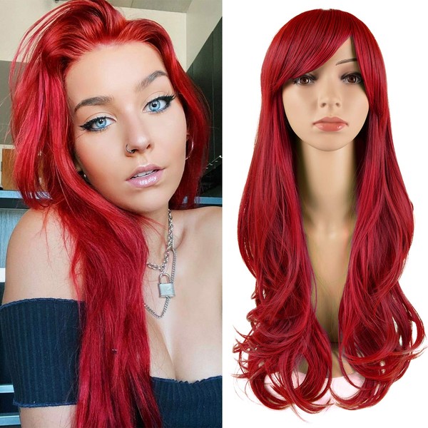 Tofafa Red Wig for Women Long Wavy Wig,Fun for Everyday or Cosplay and Costume,Comes with a Free Wig Cap(24 inch)