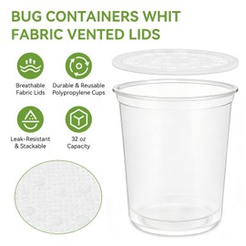 10 Pack 32 OZ Deli Cups with Fabric Vented Lids, Culture Cup Mesh Container, Feeder Prevent Escapes & Contaminants,Easy Secure Fruit Cultures Media Preparation, Hot Liquid Safe, Lab & Home Use