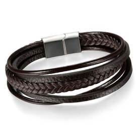 Cupimatch Men's Stainless Steel Magnetic Clasp Multi-layer Black Blue Braided Leather Rope Bracelet Cuff (Brown)