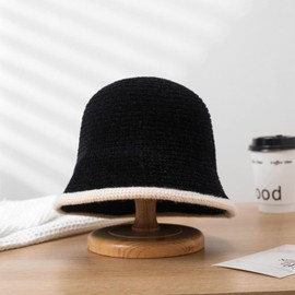 JK Home Chenille Color Blocking Bucket Hat for Women, Knitted Cloche Vintage Fisherman's Cap, Fall Winter Fluffy Plush Bonnet Hat Warm Cable Crochet Floppy Bowler Skull Beanie Cap Foldable Black