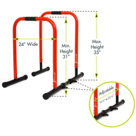 ProsourceFit Dip Stand Station, Heavy Duty Ultimate Body Press Bar with Safety Connector for Tricep Dips, Pull-Ups, Push-Ups, L-Sits Lite Red
