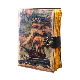 Vintage Travel Journal with Nautical Ship Design, Leather Cover with Metal Clasp, Handmade Sketchbook with Deckle Edge Paper, 5x7 Inches (6x4 inch)