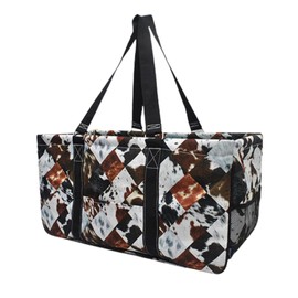 NGIL Extra Large Utility Tote Reusable Grocery Bag Oversized Collapsible for Groceries, Storage, Picnic, Beach (Cow Tile Print-Black)