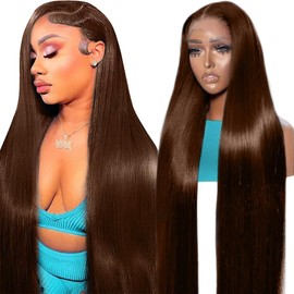 YFFSSJFC 32 Inch Chocolate Brown Lace Front Wig Human Hair 200% Density 13x6 Hd Transparent Body Wave Lace Front Brown Wigs Human Hair 4# Glueless Wigs for Women