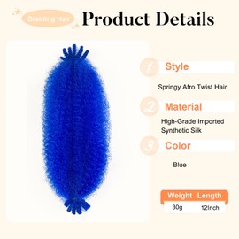 Blue Springy Afro Twist Hair 12 Inch 8 Packs Afro Spring Twist Hair Pre stretched Wrapping Hair for Soft Locs Pre Separated Marley Twist Braiding Hair Extensions