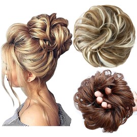Messy Bun Hair Piece Thick Updo Scrunchies Synthetic Hair Extensions Ponytail Hair Wig Hairpiece Ash Brown & Bleach Blonde