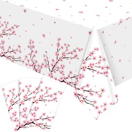 Ganeen 3 Pcs Cherry Blossom Tablecloth Disposable Plastic Table Covers Cherry Waterproof Tablecloths for Baby Shower Birthday Party Decor, 54 x 108 Inch