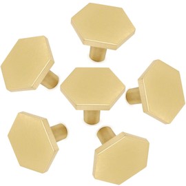 6 Pack Gold Hexagon Cabinet Knob Dresser Knobs 1.2" Diameter Brushed Brass Drawer Knobs Zinc Alloy Pull Handle Knobs for Bathroom Kitchen Cupboard Furniture Hardware