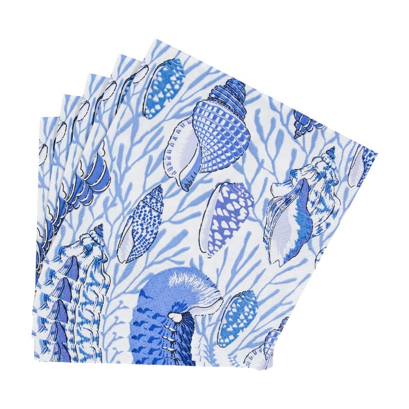 Caspari Shell Toile Paper Cocktail Napkins in Blue - 20