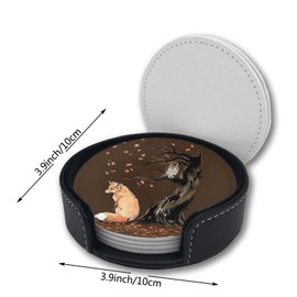 Vibiliyou 6PCS Trendy Coasters Owl and Fox Print Coasters with Holder Set,Round Mugs and Cups Mat Pad for Drinks as gifts for drinks and tabletop protection,ideal for housewarming and bar decor
