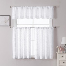 Chyhomenyc White Valances for Windows 2 Panels, Small Kitchen Curtains Jacquard Geometric Textured Fabric Curtains for Bathroom, Light Filtering Rod Pocket Cortinas para Sala, 30Wx14L Inch, 2PCS