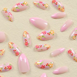 24 Pcs Colorful Flower Press on Nails Almond Medium Fake Nails Spring French Tip False Nails Kit Stiletto Nails Press ons Cute Floral Glue on Nails Reusable Stick on Nails Artificial Nails for Women