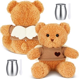 Shappy 2 Sets Memorial Gift Stuffed Animal Sympathy for Ash with Angel Wing Small Cremation Urns for Human or Pet Ashes with Spoon Memorial Keepsake for Loss of Loved One Grieving (Bear,Light Brown)