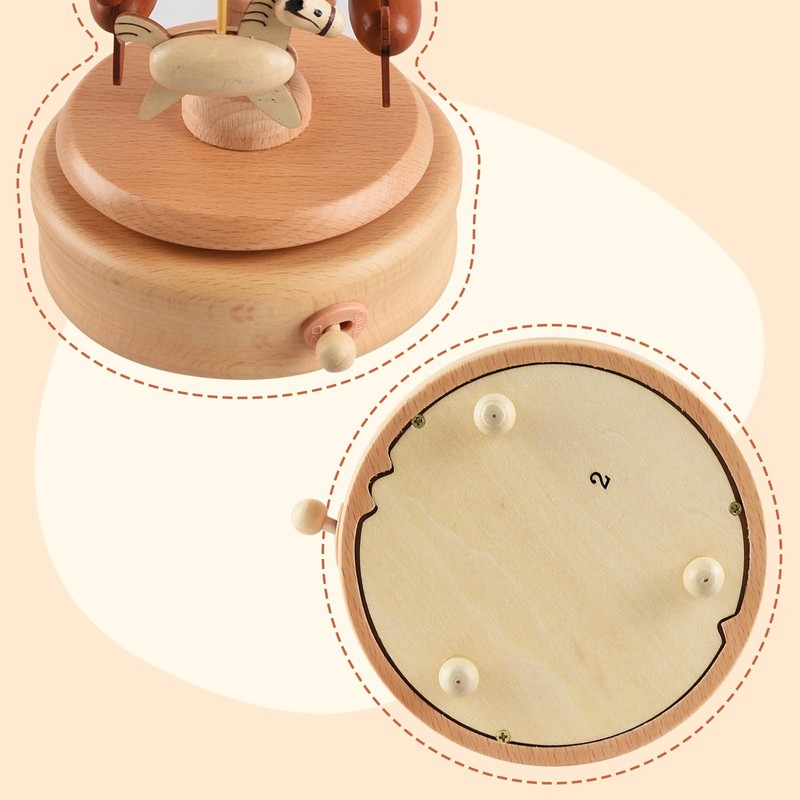 BLIENKREBY Wooden Carousel Music Box with Rotating Train, Windup, Mechanism,