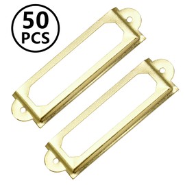 Qjaiune 50Pcs Metal Library Label Holders, File Cabinet Label Frames with Screws, Card Tag Label Holder for Office Drawers Shelves (Gold, 60x17mm)