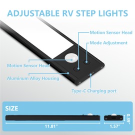Rvhouse 2 Pack Motion Activated RV Step Lights, USB Rechargeable 72 LED Rv Light Camping Camper Lights Adjustable 3 Colours for Motorhome Travel,Travel Trailers, Camper (Black)