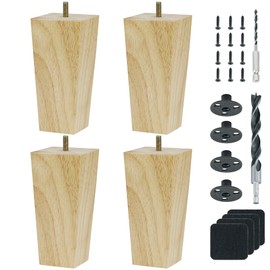 6 Inch Wood Couch Furniture Legs Pack of 4- with M8 Bolt, Drill Bits- Natural with Varnish Square Tapered Sofa Replacement Feet Leg for Furniture, Recliner, Armchair, Ottoman, Cabinet, Nightstand