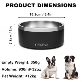 YINGFAN Stainless Steel Dog Bowls, Non-Slip Basic Dog Bowls, Dog Food and Water Bowl, Holds 32 Ounces (Black)
