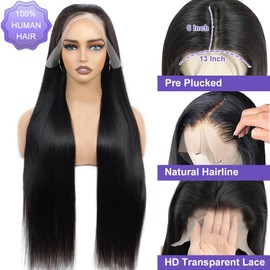 ALI PANDA [2-YEAR Life & 100% Human Hair, 200% Density 13x6 Skinlike HD Straight Lace Front Wigs Human Hair Pre Plucked, 0.1mm Ultra-Thin HD Lace, Natural Black 28 Inch