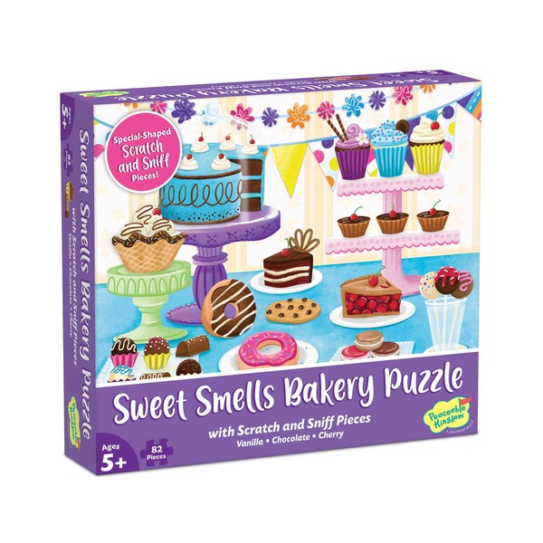 Peaceable Kingdom Scratch & Sniff Puzzles – Sweet Smells Bakery - 82pc Sensory Puzzle for Kids Ages 5 & up - Vanilla, Chocolate & Cherry scents - Great for classrooms