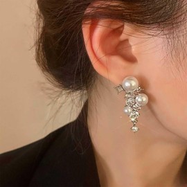 Iaceble Boho Pearl Cz Dangle Earrings Silver Pearl Stud Earrings Cluster Crystal Earrings Rhinestone Pearl Drop Earrings Jewelry for Women