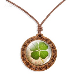 St.Patrick Day Dried Leaves Lucky 4-Leaf Clover Necklace Glass Locket Geometry Pendant Necklace Waterproof Wax Rope Glow in the dark illumination couple 4pc