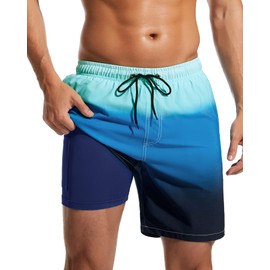 SILKWORLD Mens Swim Trunks Quick Dry Compression Liner 2 in 1 Shorts Men Swimsuit, Gradient Stripe(Green & Blue), X-Large
