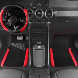 CAR PASS Faux Leather Steering Wheel Cover and Waterproof Car Floor Mats,Universal Car Combo Fit for 95% Sedan,SUV,Cars,14.5-15inch Sporty Anti-Slip Safety Comfortable Design(Black＆Red)