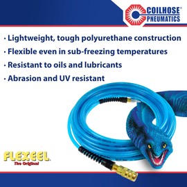 Coilhose Pneumatics PFE4100TS15X Flexeel Reinforced Polyurethane Air Hose, 1/4" ID, 100' Length with 1/4" Industrial Coupler & Connector, Transparent Blue