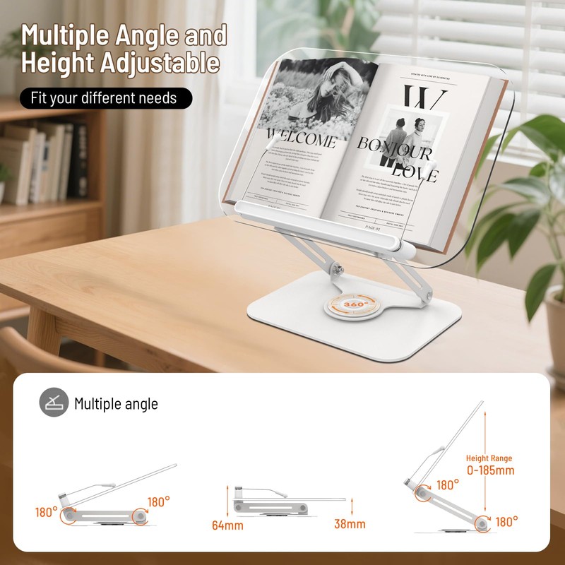 Acrylic Book Stand for Reading Hands Free - Adjustable 360°