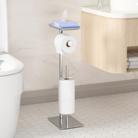 Toilet Paper Holder Stand with Top Storage Shelf, Free Standing Toilet Roll Dispenser for Bathroom, Holds 4 Reserve Rolls