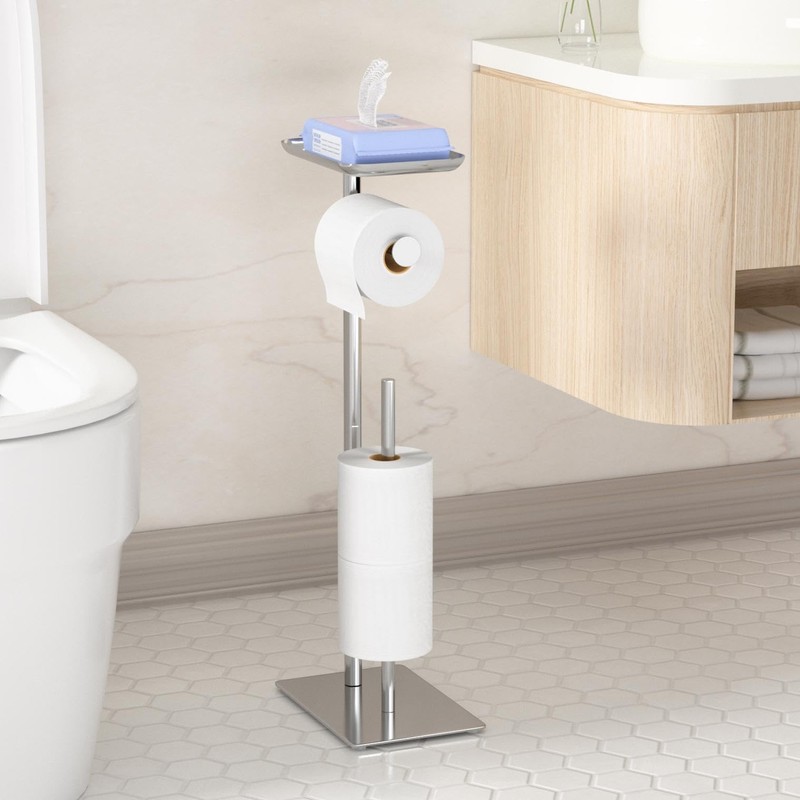 Toilet Paper Holder Stand with Top Storage Shelf, Free Standing