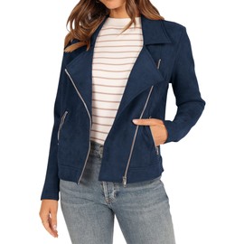 KIRUNDO 2024 Fall Outfits For Women Classic Motorcycle Faux Suede Coats Open Front Zipper Short Casual Jackets(Navy, Medium)