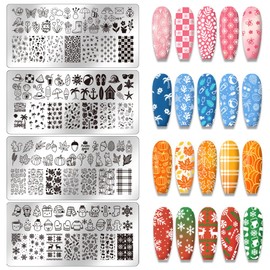 PH PandaHall - 4 placas de estampación de uñas, plantillas de arte de primavera, verano, otoño, invierno, plantillas de arte de uñas, acero inoxidable, herramientas para mujeres, suministros de diseño