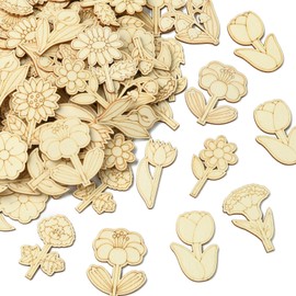 Ornazy 100Pcs Unifinished Wooden Floral Ornaments to Paint Mixed Blank Wood Spring Flower Cutouts for DIY Crafts Holiday Party Decoration