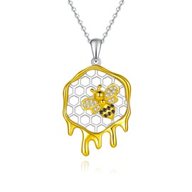 Fryneauy Bee Honey Honeycomb Necklace 925 Sterling Silver Chain Pendant Necklace Honey Honeycomb Charm Bee Gifts for Women, Sterling Silver, No Gemstone