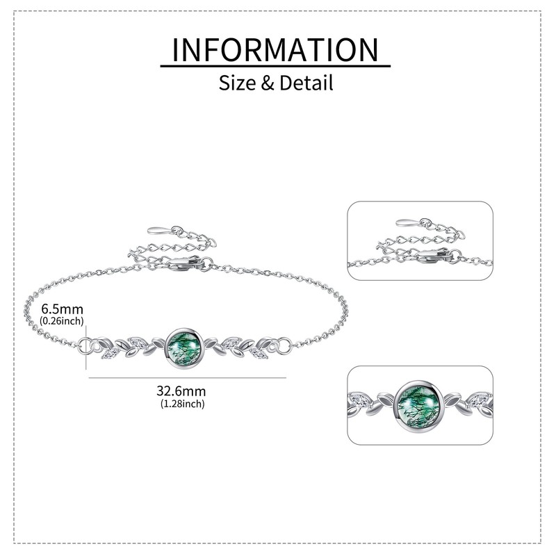 HUKKUN Moss Agate Bracelet Sterling Silver Leaf Bracelet Moss Agate