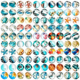 PH PandaHall 100pcs 10 mm Ocean Theme Glass Cabochons, 50 Styles Starfish Shell Printed Glass Cabochons Round Flat Back Dome Cabochons Mosaic Tiles for Jewellery Making