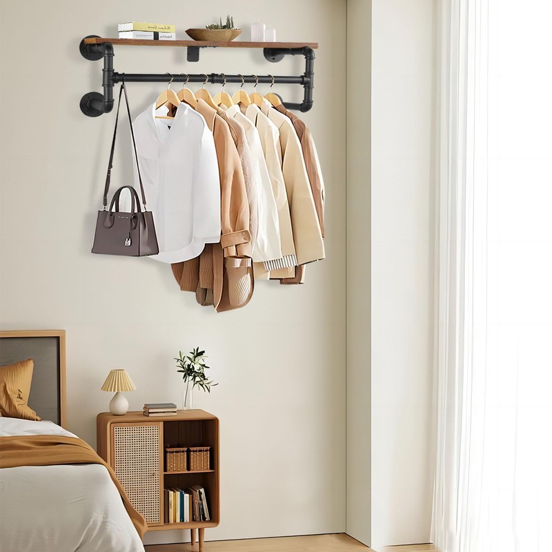 Yawinhe Industrial Pipe Clothes Rack with Top Shelf, Wall Mounted