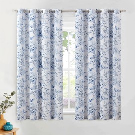 Beauoop Floral 100% Blackout Curtains 63 Inches Long 2 Panels for Bedroom Living Room Navy Blue White Farmhouse Rose Flower Patterned Room Darkening Thermal Grommet Window Treatments Drapes, 50X63