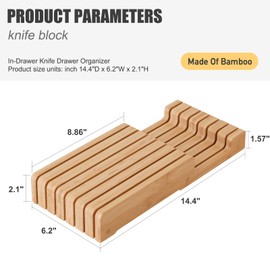 Bamboo Knife Block and In-Drawer Storage, Display Stand and Organizer, In-Drawer Knife Drawer Organizer Holds Up To 7 Knives(Not Included)