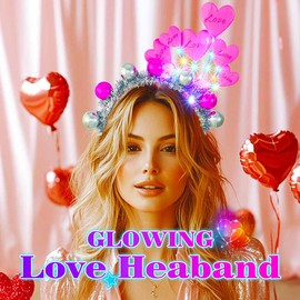 Zoestar Light Up Valentine's Day Headband Sparkly Love Ball Hair Bands Led Glow Heart Festival Costume Hair Accessories for Women