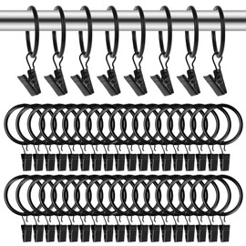 Pack of 50 Curtain Rings Curtain Rings with Clips, Metal Curtains Clip Rings, 38 mm Curtain Hook Rings, Curtain Rings Clips Clips for Curtain Rails Shower Curtain Curtains (Black)