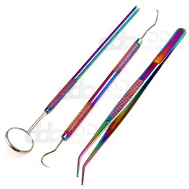 DDP Dental Tools, 3-Pack Dental Hygiene Tool Dental Kit, Mouth Mirror, Dental Pick, Tweezers, Stainless Steel Rainbow Multi-Color