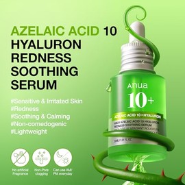 Anua Suero Facial de Ácido Azelaico 10% Hialurónico en Rojo Tranquilizante, Suero Facial para Piel Sensible y Problemática, Brotes, Ácido Hialurónico, Niacinamida, Cuidado de Manchas, Color Natural