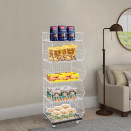 Retail Display Rack, 5 Tier Wire Grid Retail Display Shelf with Wheels, Slanted Basket Merchandise Rack for Supermarket Retail, 44lbs Capacity Per Tier (White)