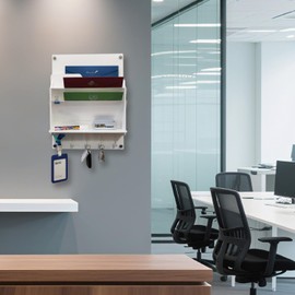 PROSPACE P0010 Mail Organizer with Key Holder for Wall Decorative Mail Sorter Wall Mounted, 12" x 16" Three-Story Acrylic Mail Holder with 5 Hooks and One Partition (White)